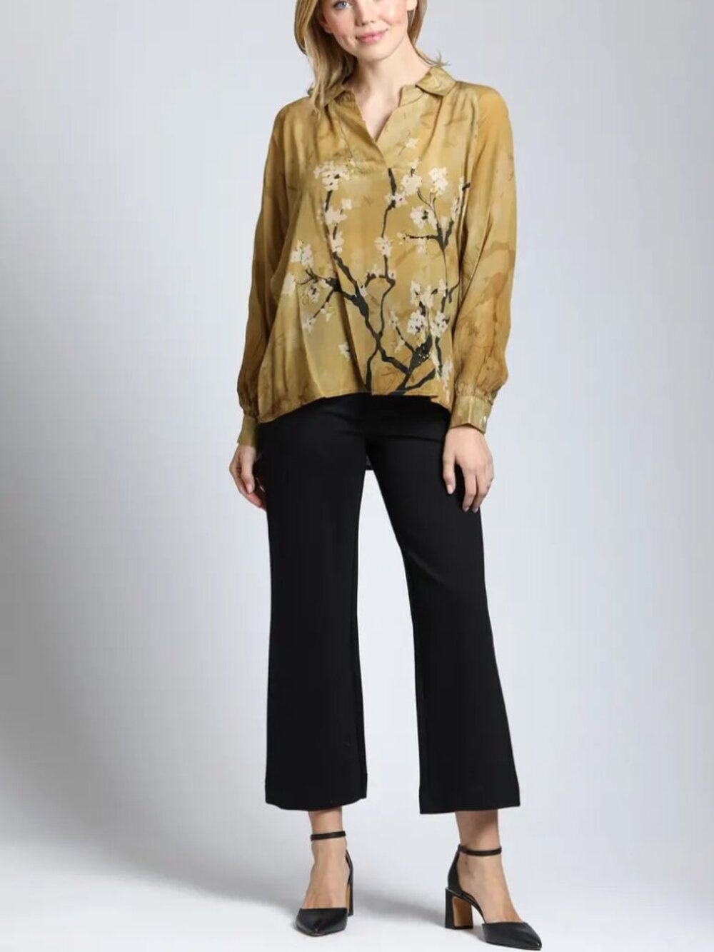 APNY Blouse Tunic Top Popover Cupro Viscose Sakura Blossom Print Tan size L